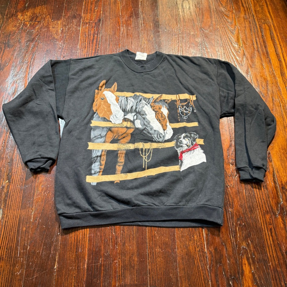Vintage 90s Horse Sweatshirt Mens L Black Western Pullover Dog Farm